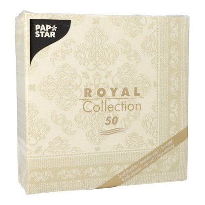 Eine Packung mit 50 PAPSTAR GmbH Servietten "ROYAL Collection" 1/4-Falz, 40 x 40 cm in Champagner, mit einem eleganten Muster und goldenen Akzenten auf der Verpackung.