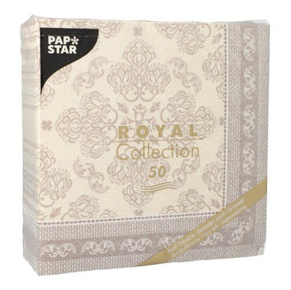 Die PAPSTAR GmbH 50 Servietten "ROYAL Collection" 1/4-Falz in mocca ist beige und hellbraun gemustert, hat eine goldfarbene Schrift und wird in einer 40 x 40 cm großen Verpackung geliefert.