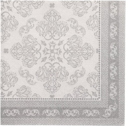 Die PAPSTAR 50 Servietten "ROYAL Collection" 1/4-Falz 40 x 40 cm grau der PAPSTAR GmbH zeichnen sich durch ein grau-weißes, verziertes Blumen- und Schneckenmuster mit dekorativer Bordüre aus - ideal für alle, die hochwertige Servietten suchen.