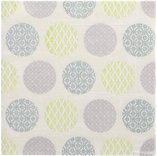The PAPSTAR 50 napkins "ROYAL Collection" 1/4-fold 40 x 40 cm green from PAPSTAR GmbH are characterized by a patterned surface with evenly distributed circles in gray, blue, and green on white, each filled with delicate geometric or floral patterns.