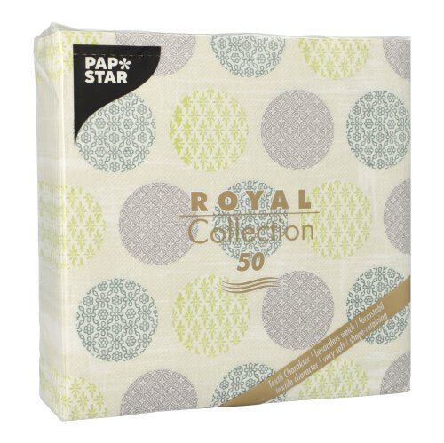 The PAPSTAR GmbH 50 napkins "ROYAL Collection" 1/4-fold, 40 x 40 cm green, come in a pack with light green and gray patterned circles on a cream background and display brand and product information on the front.