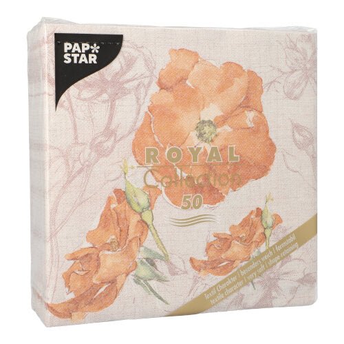 A 50-pack PAPSTAR "ROYAL Collection" Napkins (40x40 cm, 1/4 fold) in nectarine from PAPSTAR GmbH, with an elegant design.