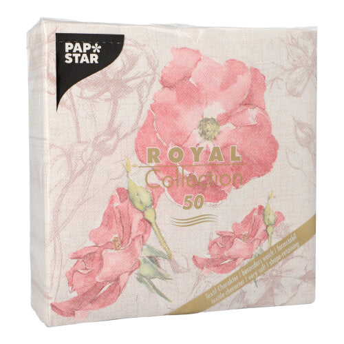 Eine Packung mit 50 PAPSTAR GmbH Servietten "ROYAL Collection", 1/4-Falz, 40 x 40 cm, in rosa. Diese Servietten zeigen ein florales Design mit großen rosa Blumen und goldenem Text auf der Vorderseite, verpackt in einer durchsichtigen Plastikverpackung.