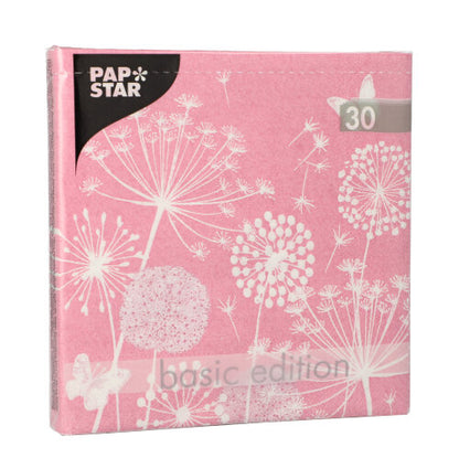Eine rosa Serviettenpackung „Basic Edition“ der PAPSTAR GmbH mit weißem Pusteblumen-Motiv enthält 30 hochwertige, 3-lagige Servietten im Format 33x33cm, gefaltet auf 1/4 Größe.