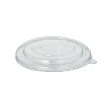 The Starpak 25 lid for R-PET round soup cups by Starpak is a transparent, round lid made of eco-friendly R-PET with a slightly raised center and a tab for easy removal, depicted against a plain white background.