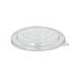 Der Starpak 25 Deckel für Suppenbecher R-PET rund von Starpak ist ein durchsichtiger, runder Deckel aus umweltfreundlichem R-PET mit einer leicht erhöhten Mitte und einer Lasche zum einfachen Entfernen, abgebildet vor einem schlichten weißen Hintergrund.