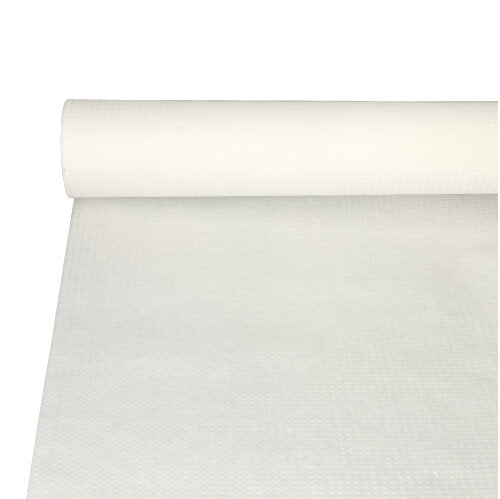 A white roll PAPSTAR Tablecloth (paper, 20 m x 118 cm) from the PAPSTAR The GmbH is partially unrolled on a smooth surface, revealing its clean, finely textured, and grid-patterned surface—ideal for parties. It is delivered shrink-wrapped in plastic (1 roll).