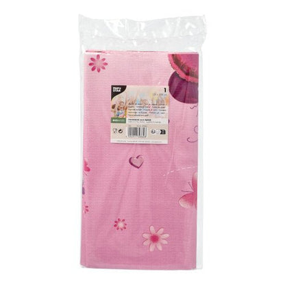 One PAPSTAR Tablecloth, paper (120 cm x 180 cm) of the PAPSTAR A pink GmbH with a floral and heart pattern, partially visible in clear packaging with a front label—perfect for stylish table decorations at your next celebration.