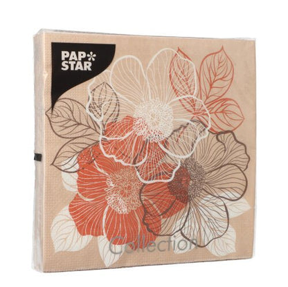 A beige pack of PAPSTAR 20 napkins, 33x33 cm, 3-ply, Set 6 with white, orange, and brown floral pattern; the brand "PAPSTAR GmbH" is depicted in the upper left corner.