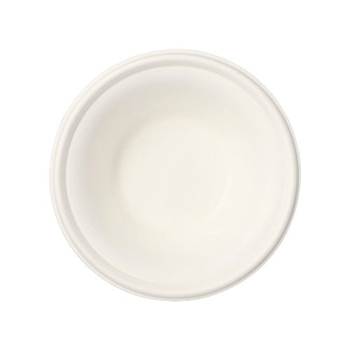 Eine schlichte, runde, weiße, flache Schale der PAPSTAR GmbH – PAPSTAR 100 Schalen, Zuckerrohr „pure“ – aus umweltfreundlichem Zuckerrohr ist von oben auf weißem Hintergrund zu sehen; perfekt für den Bedarf an nachhaltigen Einwegschalen.