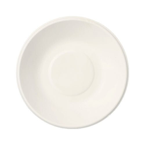 Eine PAPSTAR 100 Schalen, Zuckerrohr „pure“ der PAPSTAR GmbH ist von oben auf weißem Hintergrund abgebildet. Die umweltfreundliche Untertasse verfügt über eine flache Vertiefung in der Mitte, ideal zum Halten einer Tasse und zum nachhaltigen Servieren.