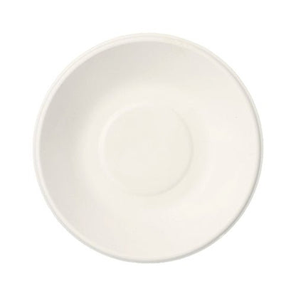 Eine PAPSTAR 100 Schalen, Zuckerrohr „pure“ der PAPSTAR GmbH ist von oben auf weißem Hintergrund abgebildet. Die umweltfreundliche Untertasse verfügt über eine flache Vertiefung in der Mitte, ideal zum Halten einer Tasse und zum nachhaltigen Servieren.