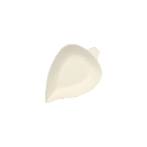 Der PAPSTAR GmbH 50 Fingerfood-Teller „pure“ weiss ist ein kleiner, blattförmiger, weißer Teller mit feiner Maserung und kurzem Stiel, hergestellt aus biologisch abbaubarem Zuckerrohr. Er ist auf schlichtem, weißem Hintergrund abgebildet.