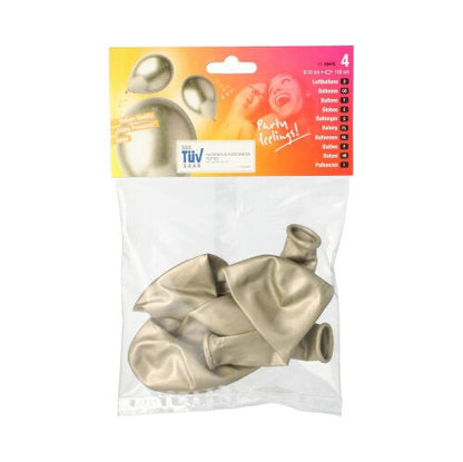 The PAPSTAR 4 balloons as big as the PAPSTAR GmbH products come in transparent plastic packaging with colorful graphics and contain four uninflated balloons in metallic gold—ideal as party decorations and for enhancing a festive atmosphere.
