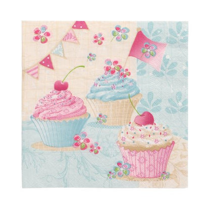 Illustration of three cupcakes with pink and blue frosting, cherries on top, flowers, pennants, and a pink flag against a pastel background with PAPSTAR 20 napkins 33x33 cm 3-ply Design Set 6 by PAPSTAR GmbH as elegant accents.