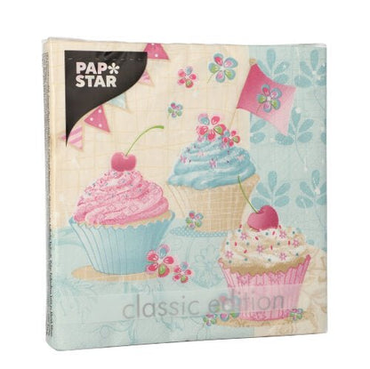 A pack of 20 PAPSTAR napkins, 33x33 cm, 3-ply, 1/4-fold from Design Set 6 by PAPSTAR GmbH, features cupcakes, cherries, flowers, and pennants on a light blue-beige background.