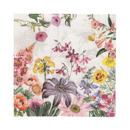 Die PAPSTAR 20 Servietten, 33x33 cm, 3-lagig, 1/4-Falz (Design Set 4) der PAPSTAR GmbH zeigen ein farbenfrohes Blumenmuster mit rosa, gelben, lila und orangen Blüten auf weißem Hintergrund.