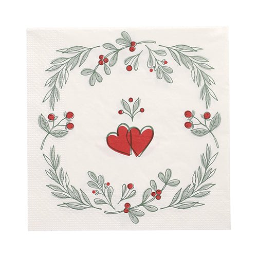 PAPSTAR GmbH 20 napkins, 33x33 cm, 3-ply, Set 6: festive white napkins with two red hearts in the center, surrounded by green leaves and red berries - ideal for special occasions.
