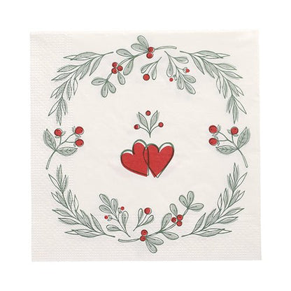 PAPSTAR GmbH 20 napkins, 33x33 cm, 3-ply, Set 6: festive white napkins with two red hearts in the center, surrounded by green leaves and red berries - ideal for special occasions.