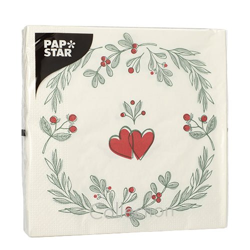 PAPSTAR 20 napkins, 33x33 cm, 3-ply from PAPSTAR GmbH (Design Set 6) feature a white napkin with a green leaf and red berry wreath, red hearts in the center, and a black "PAP STAR" label at the top left.