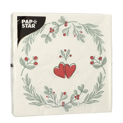 PAPSTAR 20 napkins, 33x33 cm, 3-ply from PAPSTAR GmbH (Design Set 6) feature a white napkin with a green leaf and red berry wreath, red hearts in the center, and a black "PAP STAR" label at the top left.