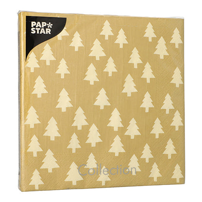 Das 20er-Pack Servietten der PAPSTAR GmbH besteht aus goldenen quadratischen 3-lagigen Servietten (40x40 cm) mit weißem Weihnachtsbaummuster, „Papstar“ in der oberen linken Ecke und „Collection“ unten.