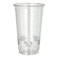 The Starpak 50 R-PET Crystal Clear Cup from Starpak is a clear, tapered cup with text printed near the bottom, ideal for serving beverages in an eco-friendly way, and shown here against a white background.