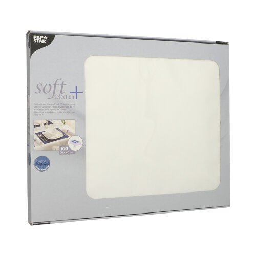 Ein Karton PAPSTAR 100 Tischsets, stoffähnlich Vlies „soft selection plus“ (30 x 40 cm) der PAPSTAR GmbH enthält 100 Tischsets, die durch ein transparentes Fenster sichtbar sind, mit Produktdetails auf der linken Seite der Verpackung.