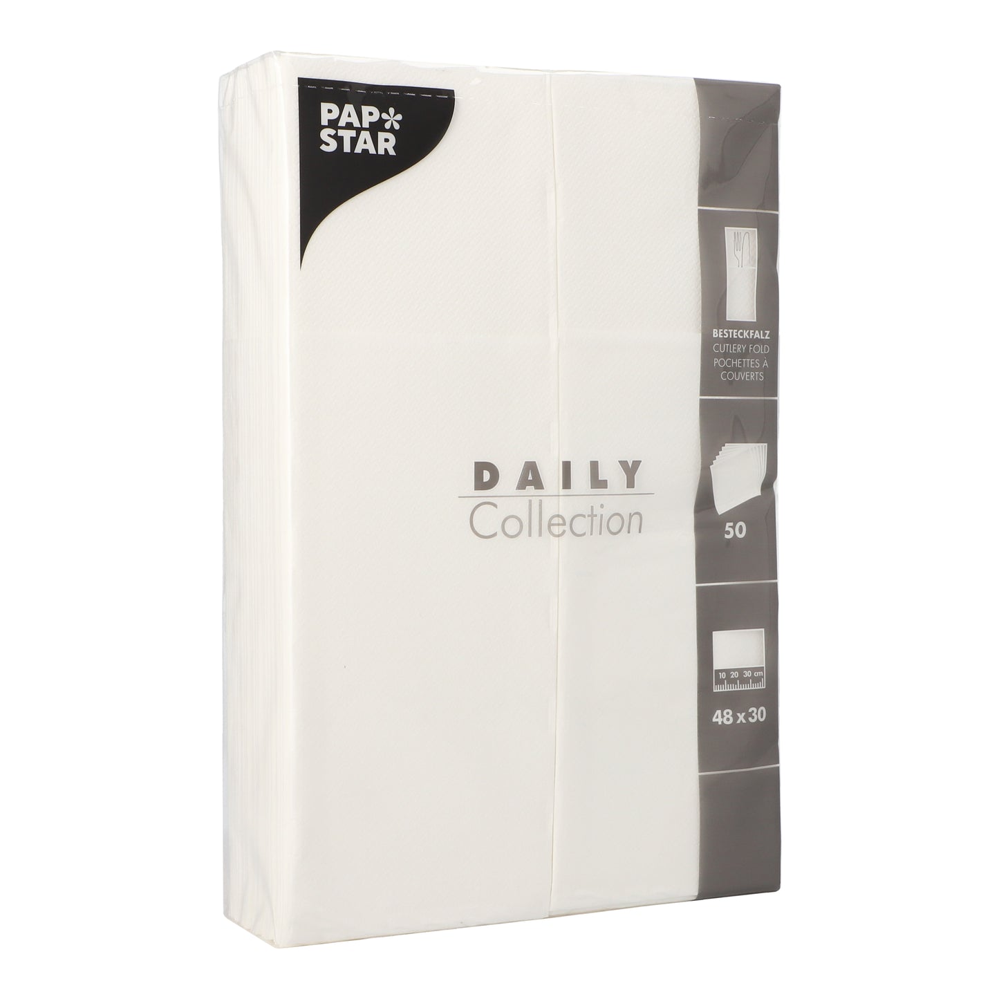 A pack of 50 napkins "DAILY Collection" (48 cm x 30 cm, cutlery fold) by PAPSTAR GmbH contains white napkins with product information and illustrations on the right side of the packaging.