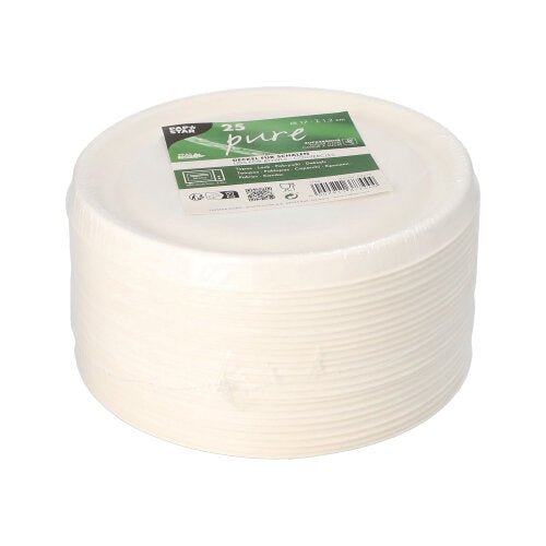 A stack of 25 white PAPSTAR "pure" lids for sugarcane bowls (Ø 17 cm), packaged in clear plastic wrap with branding—ideal for convenient and eco-friendly dining at the PAPSTAR GmbH.