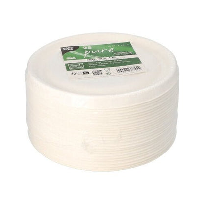 A stack of 25 white PAPSTAR "pure" lids for sugarcane bowls (Ø 17 cm), packaged in clear plastic wrap with branding—ideal for convenient and eco-friendly dining at the PAPSTAR GmbH.