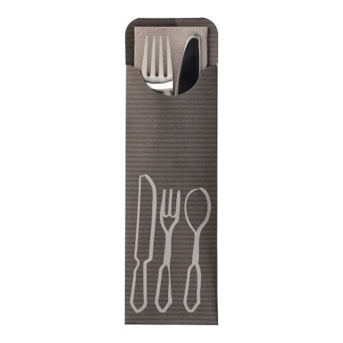 Die PAPSTAR 100 Bestecktaschen (23,5 x 7,3 cm) der PAPSTAR GmbH beinhalten eine farbige Bistro-Serviette und sind mit weißen Besteckumrissen versehen – ideal zur Aufbewahrung von Gabel und Messer in der Gastronomie.