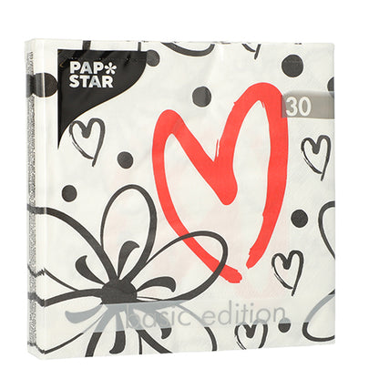 PAPSTAR GmbH 30 Servietten, 3-lagig, 33x33 cm, im „Basic Edition“ Pack mit schwarz-weißem Herzpunktemuster und großem roten Herz-Motiv.