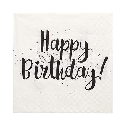 PAPSTAR GmbH 30 Servietten, 3-lagig, 1/4-Falz (33x33 cm), weiß mit schwarzem "Happy Birthday!"-Schriftzug und Tupfen. Hochwertige PAPSTAR-Servietten – ideal für festliche Anlässe und Geburtstagsfeiern.