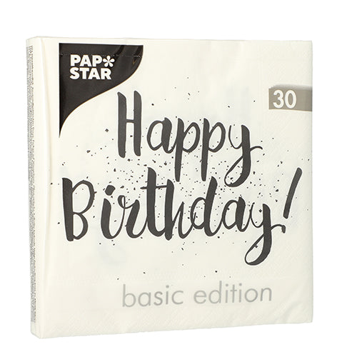 Eine Packung mit 30 Servietten der PAPSTAR GmbH, 3-lagig, 33x33 cm, 1/4 Falz, mit „Happy Birthday!“ in großen dekorativen Buchstaben auf der Vorderseite.