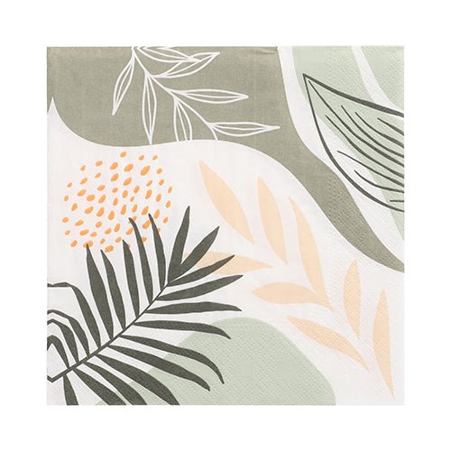 The PAPSTAR 20 napkins from PAPSTAR GmbH are 3-ply paper napkins, 33 x 33 cm, with an abstract botanical design in green, beige, and yellow on white. The Design Set 6 has a square shape and a practical 1/4-fold.