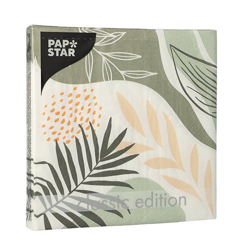 A pack of PAPSTAR 20 napkins, 33 cm x 33 cm, 3-ply, from the Design Set 6 of PAPSTAR GmbH, with a botanical green, beige, and cream leaf and abstract pattern on the packaging.