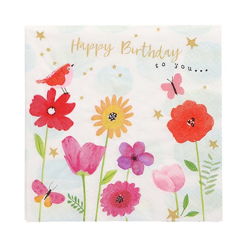 The napkins PAPSTAR 20 napkins 33x33 cm from PAPSTAR GmbH feature a floral and festive design with a red bird, butterflies, golden stars, and the text "Happy Birthday to you..." on a white background.