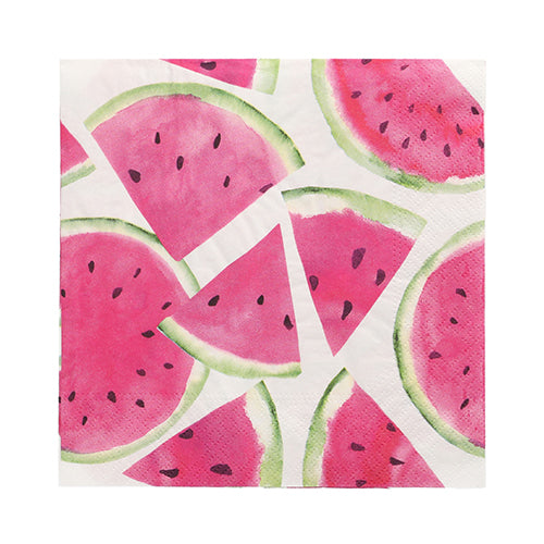 Die PAPSTAR GmbH 20 Servietten, 33 cm x 33 cm, 3-lagig, zeigen ein Aquarell-Wassermelonen-Muster mit rosa Fruchtfleisch und grüner Schale auf Weiß. Langlebig und stilvoll - ideal für sommerliche Feste.
