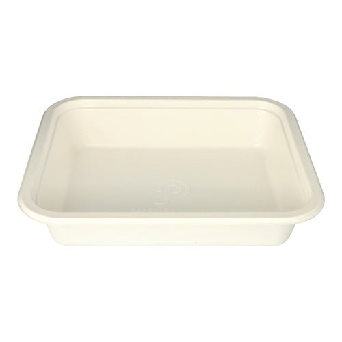 The PAPSTAR The Gastronorm GN 1/2 container is a rectangular, white food tray made of sugarcane from the PAPSTAR GmbH, with rounded corners and a slightly raised edge, shown on a white background. The package contains 1 piece.