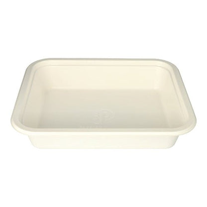 The PAPSTAR The Gastronorm GN 1/2 container is a rectangular, white food tray made of sugarcane from the PAPSTAR GmbH, with rounded corners and a slightly raised edge, shown on a white background. The package contains 1 piece.