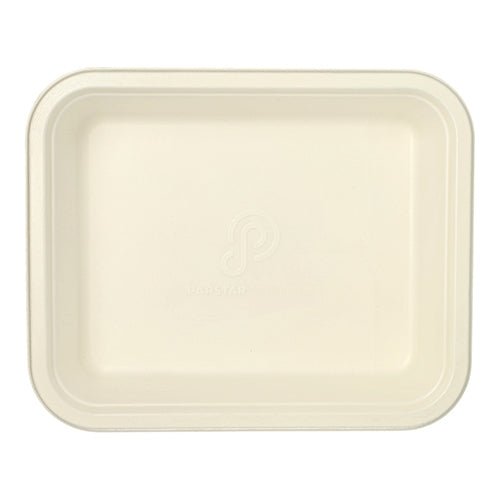 Rectangular, visible from above PAPSTAR GN 1/2 Gastronorm container made of white sugarcane with a raised rim and rounded corners, a logo in the center, and a PLA coating. This eco-friendly tray is empty.
