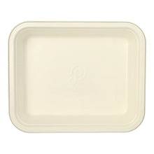 Rectangular PAPSTAR Gastronorm container GN 1/2 made of white sugarcane with a raised edge and rounded corners, visible from above, with a central logo and PLA coating. The eco-friendly tray is empty.