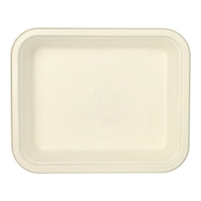 Rectangular, visible from above PAPSTAR GN 1/2 Gastronorm container made of white sugarcane with a raised rim and rounded corners, a logo in the center, and a PLA coating. This eco-friendly tray is empty.