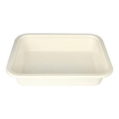 The PAPSTAR The Gastronorm GN 1/2 container is a white, rectangular disposable container with rounded corners, made from eco-friendly sugarcane and coated with PLA. Biodegradable version. Brand: PAPSTAR GmbH. Package (1 piece).