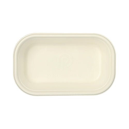 A rectangular, white PAPSTAR GN 1/4 Gastronorm container made from compostable sugarcane fibers from the PAPSTAR GmbH, viewed from above on a white background.