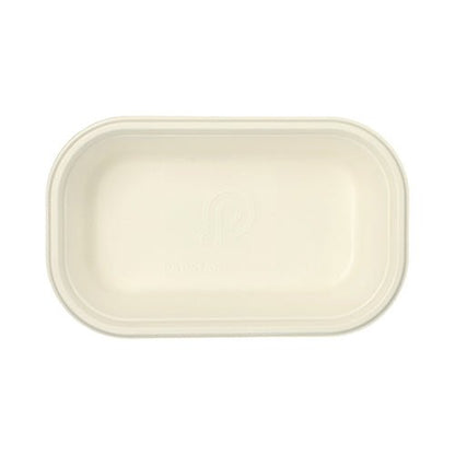A rectangular, white PAPSTAR GN 1/4 Gastronorm container made from compostable sugarcane fibers from the PAPSTAR GmbH, viewed from above on a white background.