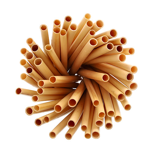 A bundle of PAPSTAR cocktail straws reed "pure" (15 cm, Ø 7 mm, 100 pieces) from PAPSTAR GmbH is arranged circularly against a white background and viewed from above.
