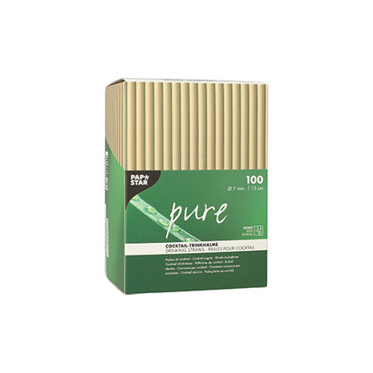 A green-beige box from PAPSTAR GmbH with the inscription "pure" contains 100 reed cocktail straws (15 cm, Ø 7 mm), with some straws partially visible at the top.