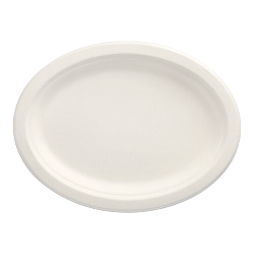 The PAPSTAR 50 plates, sugarcane "pure" of PAPSTAR GmbH is a white, oval disposable plate made from environmentally friendly sugarcane, depicted from above on a white background.